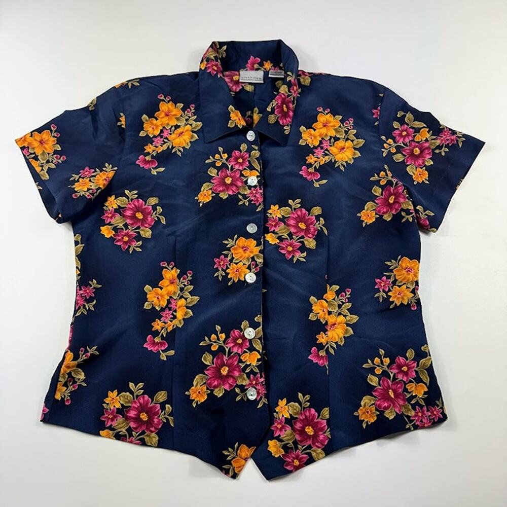 Villager Liz Claiborne Women's Short Sleeve Floral Button Down Top SZ 14 Vintage